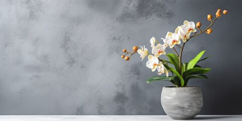 Beautiful Orchid in a flower pot, space for text or your product, Generative AI