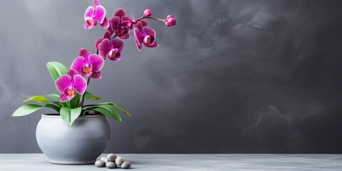 Orchid in a flower pot, space for text, marble background. Generative AI