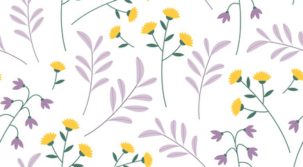 Floral seamless background. Wildflowers in flat style. Background from the herbarium. Delicate pastel colors. Background, wallpaper, textiles, printing.