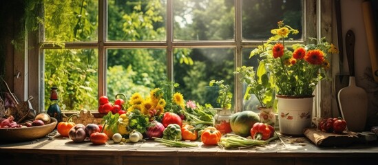 Summer vegetables on the windowsill of a lovely wooden kitchen window