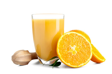 Glass of fresh orange juice, fruits and juicer isolated on white background