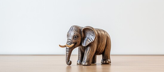 Tiny clay elephant on a timber floor against a white backdrop