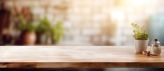 Defocused kitchen background with an empty table showcasing products
