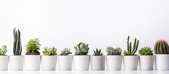 Succulents and cactus plants in white pots on a background