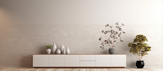 living room wall with white cabinet plant in pot and pebbles in bowl advertising concept