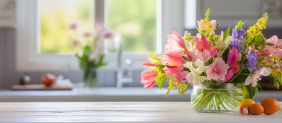 Kitchen counter decorated with blooms