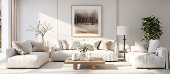 Scandi style illustration of a white living room with a sofa