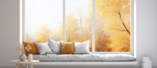 Fototapeta Scandinavian interior design with a stylish white room sofa and autumn landscape seen through the window in obraz