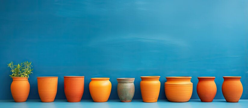 Colorful empty ceramic pots on blue background