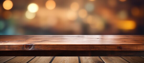Wooden table with blurred background seen up close