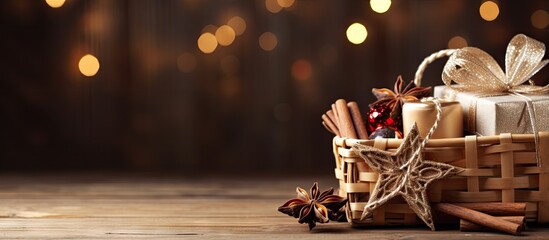 Christmas presents with festive decorations on wooden background ready for giving