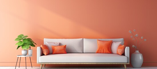 a coral themed living room with a sofa and decorations in living coral color