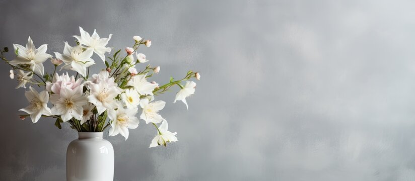 Elegant floral arrangement of white flowers on a grey wall