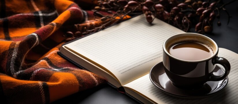 Plaid book Mandarin coffee plant and notebook