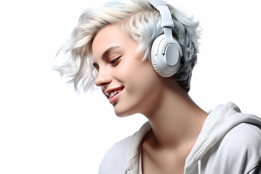 a girl or guy of androgynous appearance with white hair, white headphones in a white hoodie on a white background listens to music