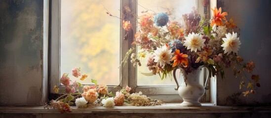 Fototapeta na wymiar Autumn flowers arranged near an old window in a beautiful still life