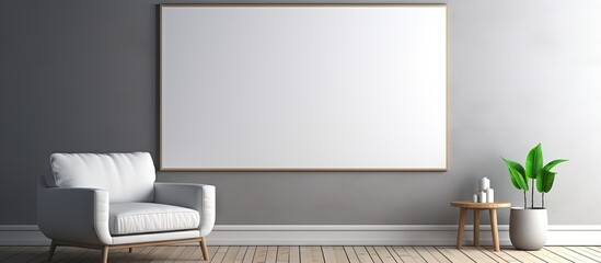 Minimalist art place with dark gallery room empty white poster panoramic window armchair oak floor exhibition coffee table ing