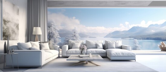 living room with large windows and stunning sea and mountain views in contemporary white and gray design
