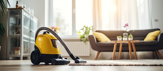 Woman cleaning living room with yellow vacuum cleaner Copy space