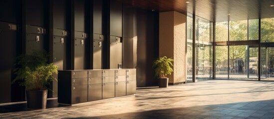 Contemporary black mailboxes with numbers in the entrance of residential or office buildings designated for letters and correspondence