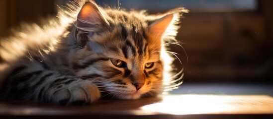 Obraz premium Little cat curled up in a sunny spotlight by the window