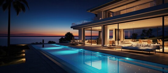 Fototapeta na wymiar a sea view villa with a pool at night