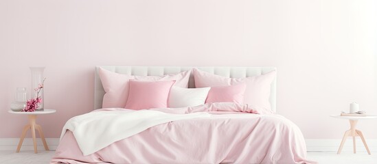 Side view of pink pillows and blanket on a traditional bed