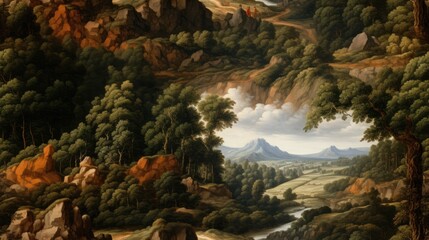 Classic oil painting landscape seamless pattern. Natural abstract style including trees and mountains. Generative AI