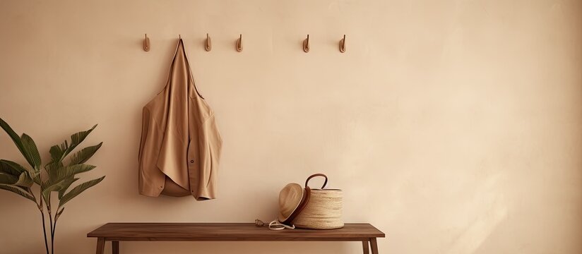 Stylish accessories and wooden hanger for keys on a beige wall in an interior hallway
