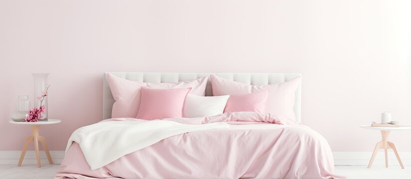 Side view of pink pillows and blanket on a traditional bed © HN Works