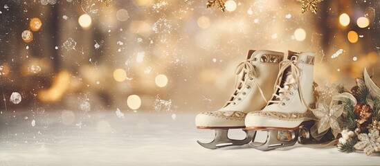 Vintage ice skates on a festive winter backdrop for Christmas and New Year