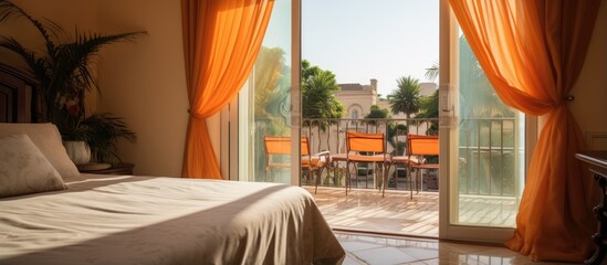 A bedroom with a bed facing an outdoor patio and balcony with orange drapes covering the window