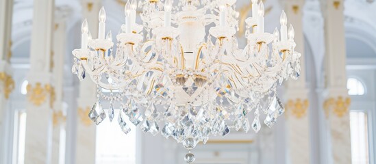 Contemporary crystal chandelier in a white room ornamental lighting palace interior background