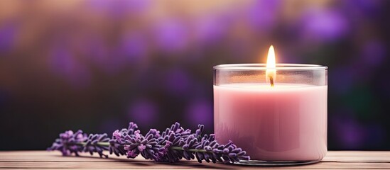 Obraz na płótnie Canvas Lavender scented candle focuses on jar
