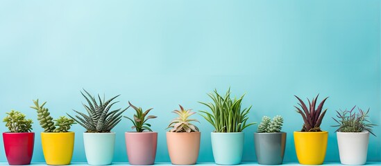 Pastel blue background enhances the beauty of potted plants