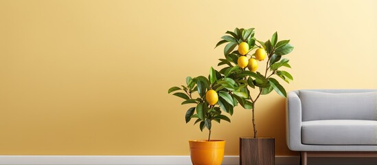 Minimalist interior design concept featuring a small potted bergamot tree with fruits displayed on a wooden table in the living room