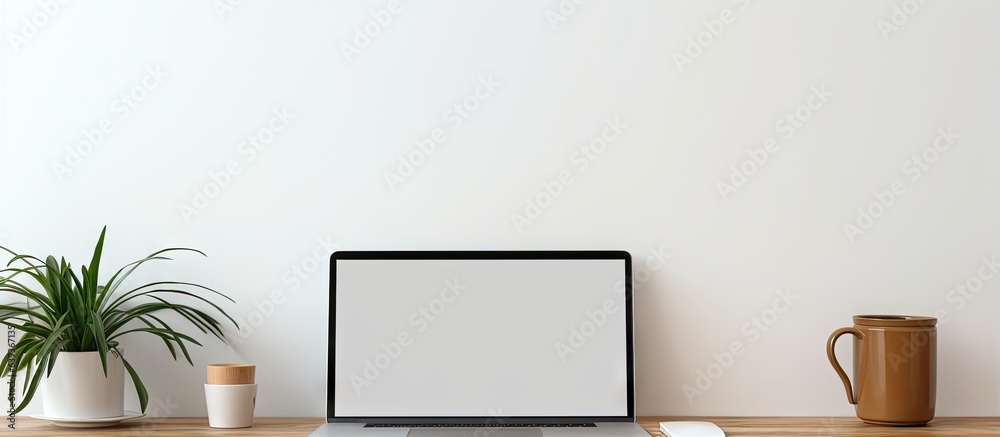 Poster blank screen on white table with mouse and smartphone in home or office setting