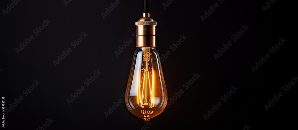 Poster Glowing vintage light bulb on black background retro design LED lamps for loft and cafe