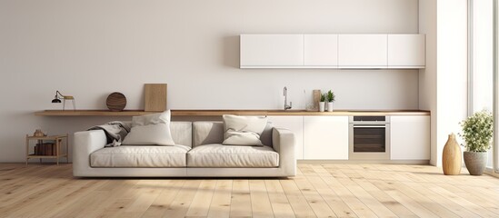 depiction of a sleek Scandinavian kitchen with a white minimalist aesthetic including a sofa and wooden parquet flooring