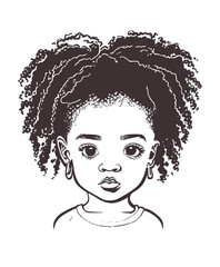 Black Brown African American Afro little small girl outline face portrait.Puff ponytail on her head.Vector baby silhouette drawing,curly wavy hair.Afro child hairstyles.Curls.T shirt print.DIY cricut