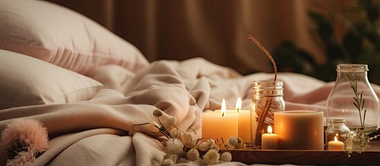 Fototapeta na wymiar Candlelit bed in a cozy home