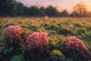 Piękne widoki na krajobrazy zawierające  mchy porosty i kwiaty w zbliżeniu w promieniach zachodzącego słońca. Lato w pełni.