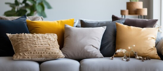 Different cushions on a grey couch are chosen