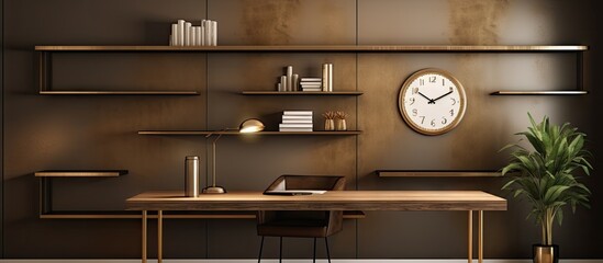 a bronze home office with wall chart shelves and clock