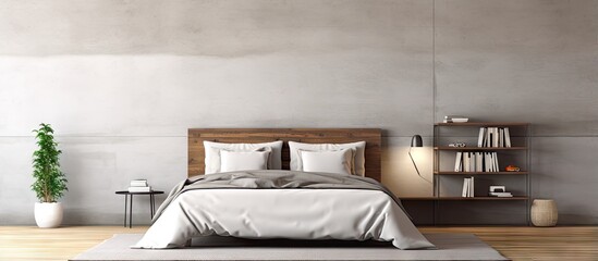 a modern bedroom with concrete and white walls wooden floor gray master bed with bedside tables and white bookcase
