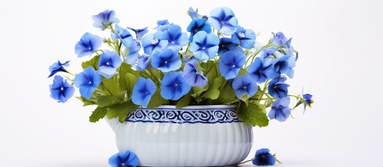 Floral pot with blue flowers on white background space for text