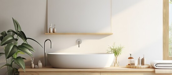 A mirror hangs on a wall in a bright bathroom with a wooden surface and a white sink alongside a ceramic bathtub with a tray all in an apartment