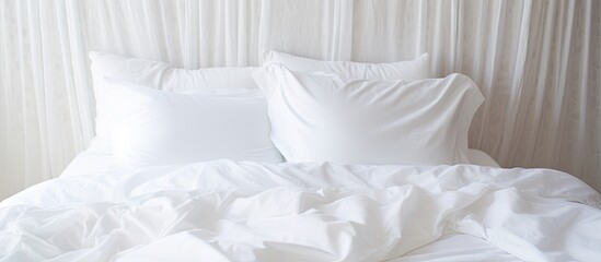Fototapeta na wymiar white bedding sheets blanket and pillow provide comfort