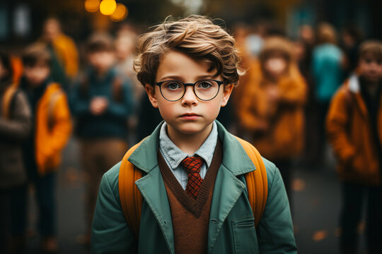 little nerdy schoolboy with glasses in the school with classmates