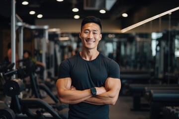 Smiling portrait of a young male asian fitness trainer instructor working in a gym